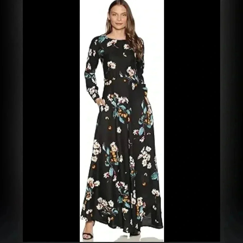 Tokyo Talkies Maxi, long sleeve, side zip, pockets, floral print on black